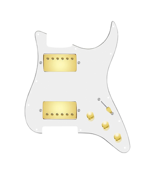 920D Custom Hot And Heavy HH Loaded Pickguard for Strat With Gold Roughneck Humbuckers, White Pickguard, and S3W-HH Wiring Harness