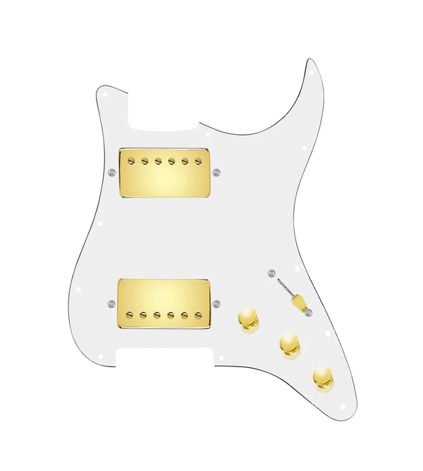 920D Custom Hot And Heavy HH Loaded Pickguard for Strat With Gold Roughneck Humbuckers, White Pickguard, and S3W-HH Wiring Harness