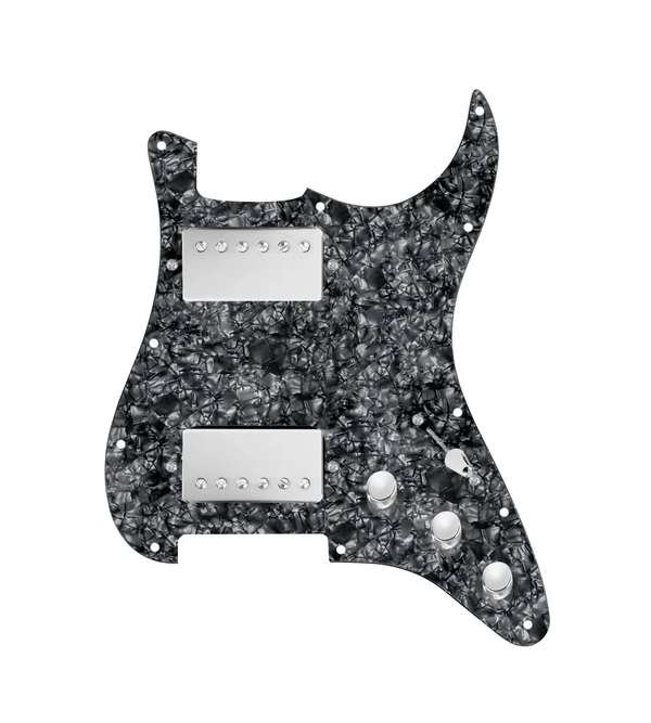 920D Custom Hot And Heavy HH Loaded Pickguard for Strat With Nickel Roughneck Humbuckers, Black Pearl Pickguard, and S5W-HH Wiring Harness