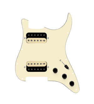 920D Custom Hot And Heavy HH Loaded Pickguard for Strat With Uncovered Roughneck Humbuckers, Aged White Pickguard, and S3W-HH Wiring Harness