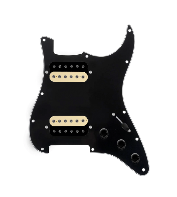 920D Custom Hot And Heavy HH Loaded Pickguard for Strat With Uncovered Roughneck Humbuckers, Black Pickguard, and S3W-HH Wiring Harness