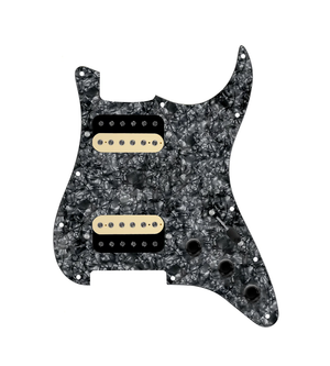 920D Custom Hot And Heavy HH Loaded Pickguard for Strat With Uncovered Roughneck Humbuckers, Black Pearl Pickguard, and S3W-HH Wiring Harness