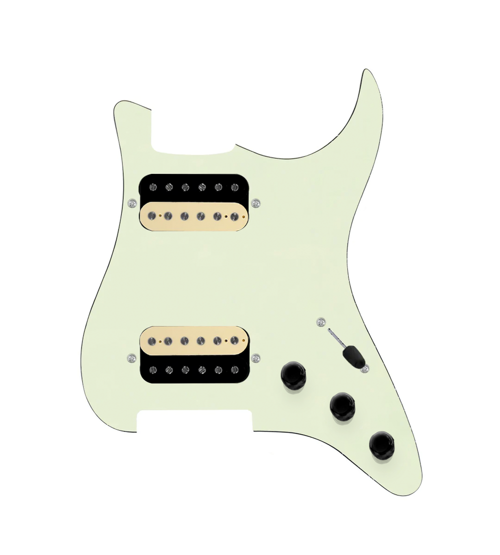 920D Custom Hot And Heavy HH Loaded Pickguard for Strat With Uncovered Roughneck Humbuckers, Mint Green Pickguard, and S3W-HH Wiring Harness