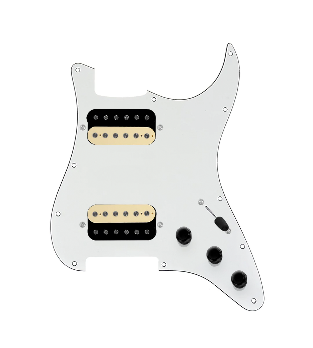 920D Custom Hot And Heavy HH Loaded Pickguard for Strat With Uncovered Roughneck Humbuckers, Parchment Pickguard, and S3W-HH Wiring Harness