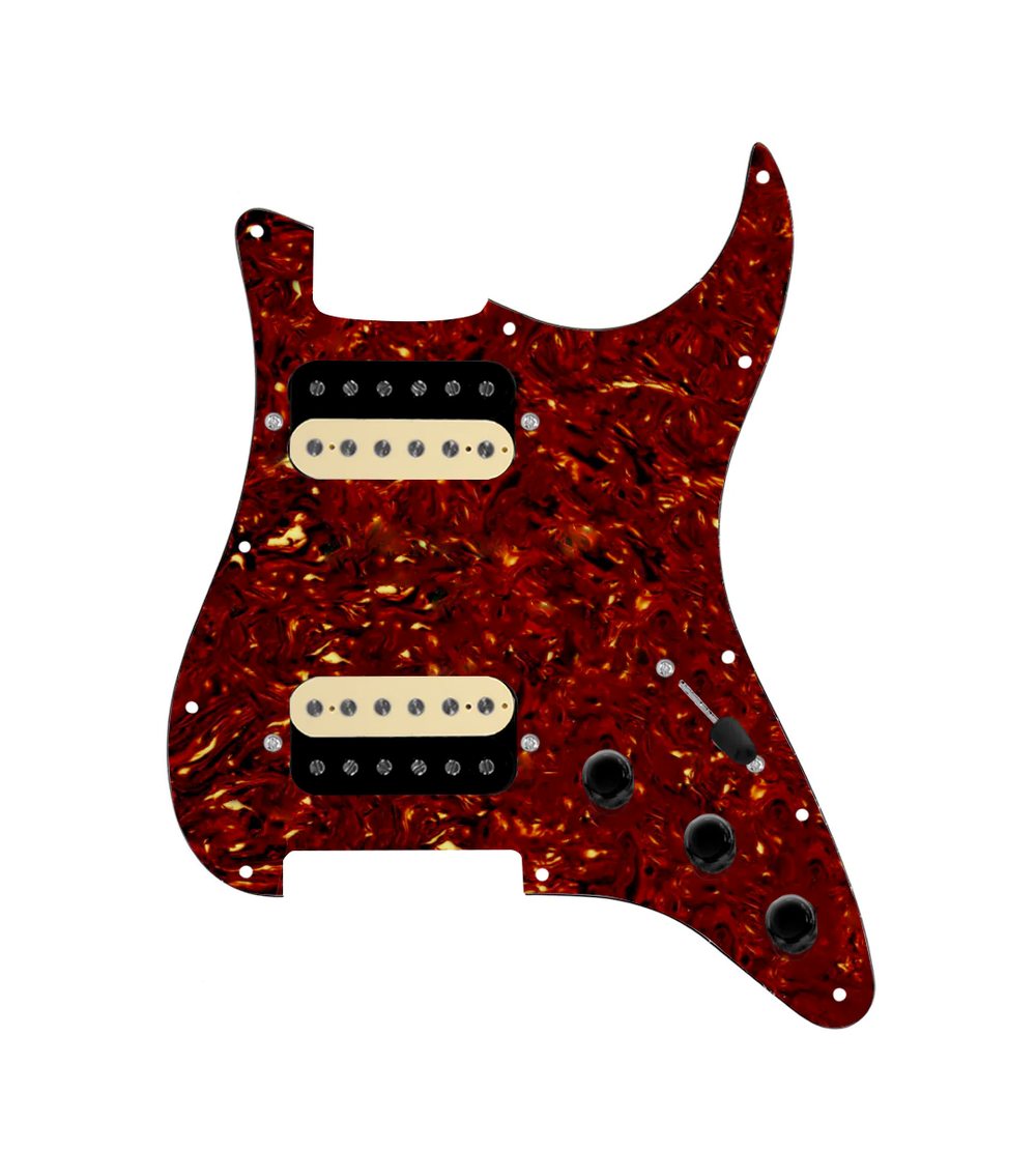 920D Custom Hot And Heavy HH Loaded Pickguard for Strat With Uncovered Roughneck Humbuckers, Tortoise Pickguard, and S3W-HH Wiring Harness