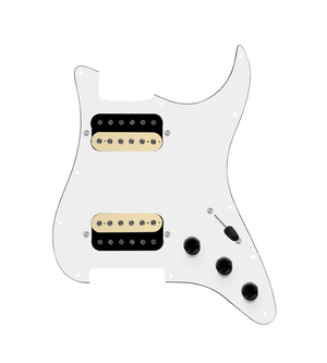 920D Custom Hot And Heavy HH Loaded Pickguard for Strat With Uncovered Roughneck Humbuckers, White Pickguard, and S3W-HH Wiring Harness