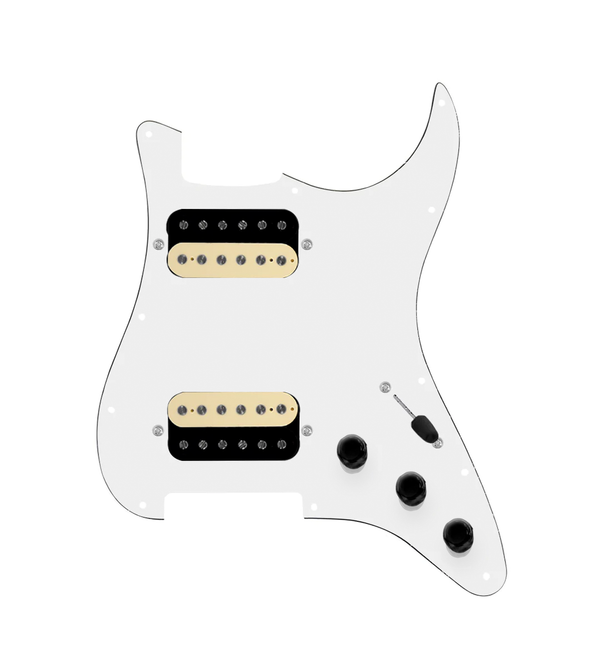 920D Custom Hot And Heavy HH Loaded Pickguard for Strat With Uncovered Roughneck Humbuckers, White Pickguard, and S3W-HH Wiring Harness
