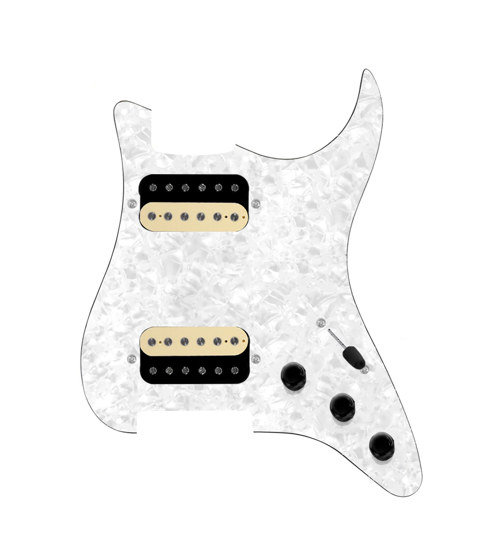 920D Custom Hot And Heavy HH Loaded Pickguard for Strat With Uncovered Roughneck Humbuckers, White Pearl Pickguard, and S5W-HH Wiring Harness