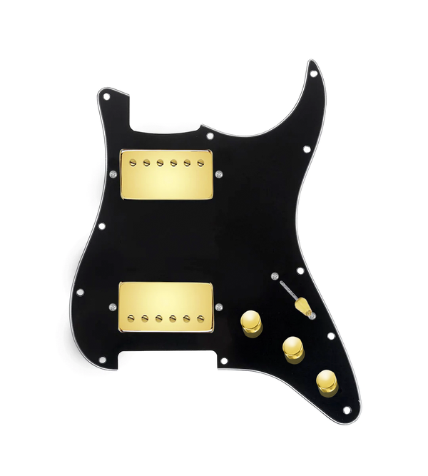 920D Custom Hushed And Humble HH Loaded Pickguard for Strat With Gold Smoothie Humbuckers, Black Pickguard, and S3W-HH Wiring Harness