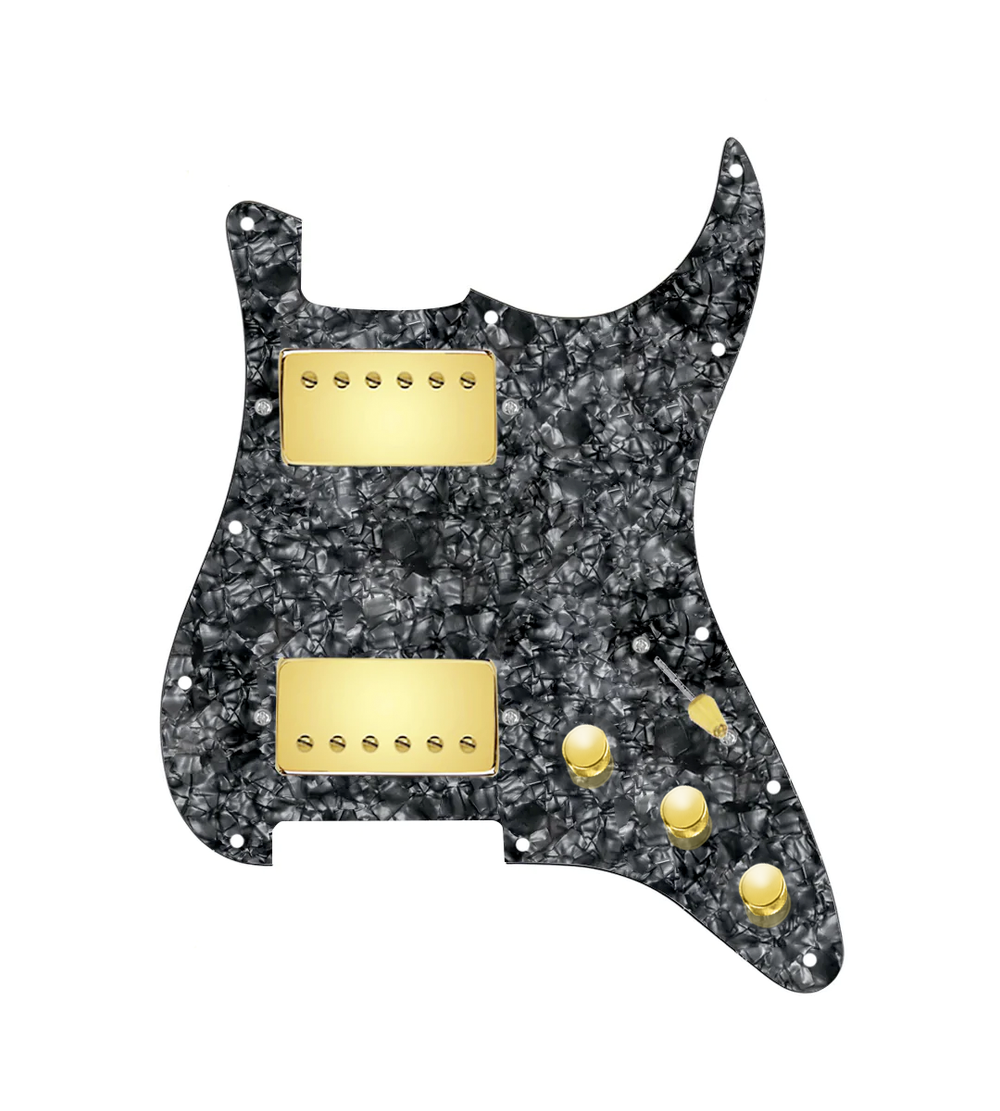 920D Custom Hushed And Humble HH Loaded Pickguard for Strat With Gold Smoothie Humbuckers, Black Pearl Pickguard, and S5W-HH Wiring Harness