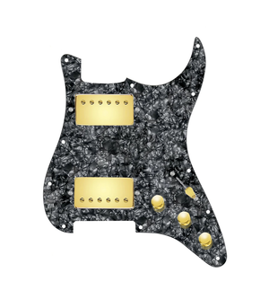 920D Custom Hushed And Humble HH Loaded Pickguard for Strat With Gold Smoothie Humbuckers, Black Pearl Pickguard, and S5W-HH Wiring Harness