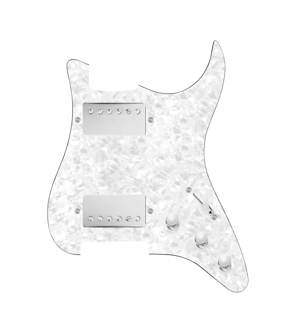 920D Custom Hushed And Humble HH Loaded Pickguard for Strat With Nickel Smoothie Humbuckers, White Pearl Pickguard, and S3W-HH Wiring Harness