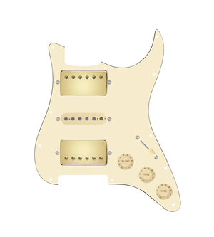 920D Custom HSH Loaded Pickguard for Stratocaster With Gold Smoothie Humbuckers, Aged White Texas Vintage Pickups, White Pickguard, and S5W-HSH Wiring Harness