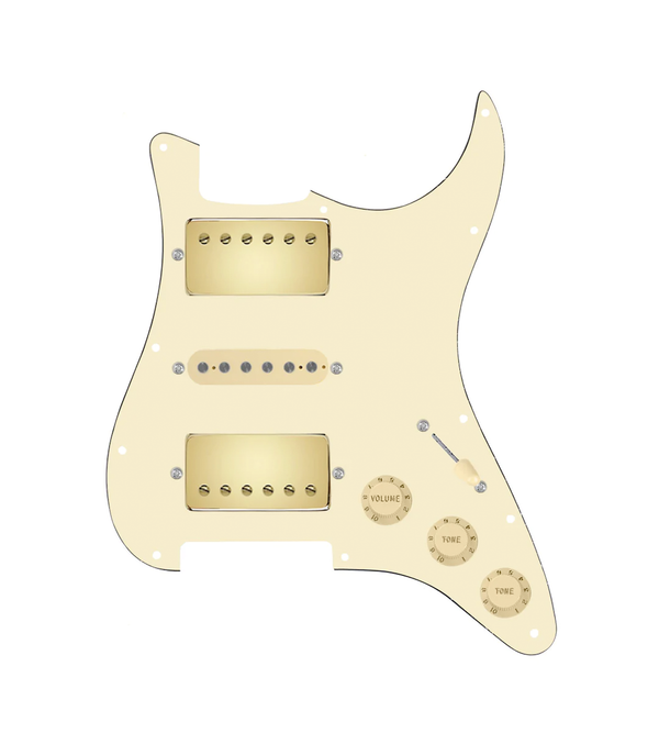 920D Custom HSH Loaded Pickguard for Stratocaster With Gold Smoothie Humbuckers, Aged White Texas Vintage Pickups, White Pickguard, and S5W-HSH Wiring Harness