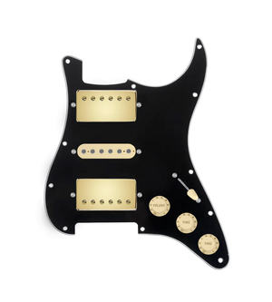 920D Custom HSH Loaded Pickguard for Stratocaster With Gold Smoothie Humbuckers, Aged White Texas Vintage Pickups, Black Pickguard, and S5W-HSH Wiring Harness