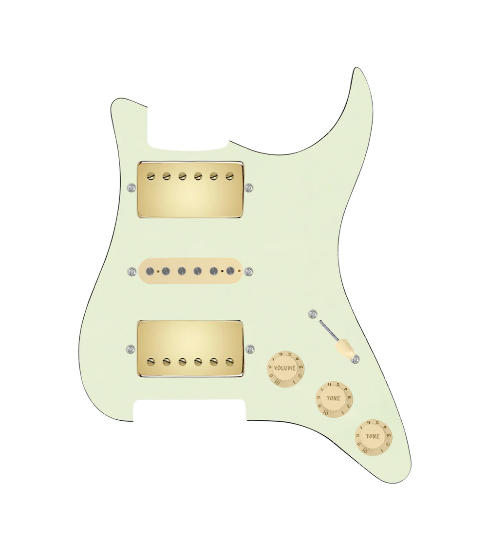 920D Custom HSH Loaded Pickguard for Stratocaster With Gold Smoothie Humbuckers, Aged White Texas Vintage Pickups, Mint Green Pickguard, and S5W-HSH Wiring Harness