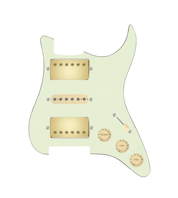 920D Custom HSH Loaded Pickguard for Stratocaster With Gold Smoothie Humbuckers, Aged White Texas Vintage Pickups, Mint Green Pickguard, and S5W-HSH Wiring Harness