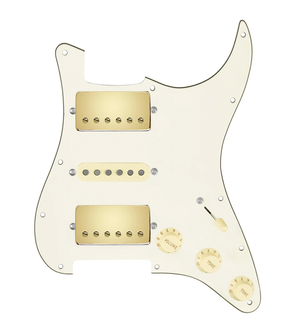 920D Custom HSH Loaded Pickguard for Stratocaster With Gold Smoothie Humbuckers, Aged White Texas Vintage Pickups, Parchment Pickguard, and S5W-HSH Wiring Harness
