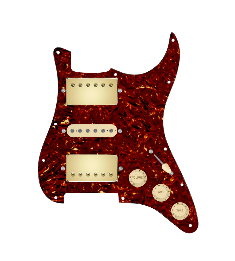920D Custom HSH Loaded Pickguard for Stratocaster With Gold Smoothie Humbuckers, Aged White Texas Vintage Pickups, Tortoise Pickguard, and S5W-HSH Wiring Harness