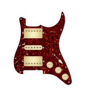 920D Custom HSH Loaded Pickguard for Stratocaster With Gold Smoothie Humbuckers, Aged White Texas Vintage Pickups, Tortoise Pickguard, and S5W-HSH Wiring Harness
