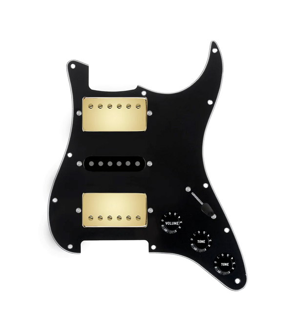 920D Custom HSH Loaded Pickguard for Stratocaster With Gold Smoothie Humbuckers, Black Texas Vintage Pickups, Black Pickguard, and S5W-HSH Wiring Harness
