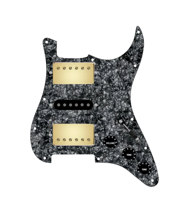 920D Custom HSH Loaded Pickguard for Stratocaster With Gold Smoothie Humbuckers, Black Texas Vintage Pickups, Black Pearl Pickguard, and S5W-HSH Wiring Harness