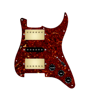 920D Custom HSH Loaded Pickguard for Stratocaster With Gold Smoothie Humbuckers, Black Texas Vintage Pickups, Tortoise Pickguard, and S5W-HSH Wiring Harness