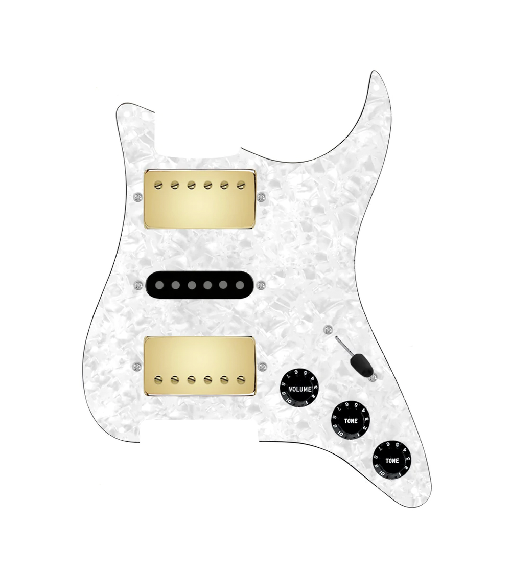 920D Custom HSH Loaded Pickguard for Stratocaster With Gold Smoothie Humbuckers, Black Texas Vintage Pickups, White Pearl Pickguard, and S5W-HSH Wiring Harness