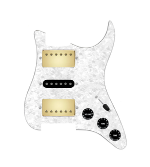 920D Custom HSH Loaded Pickguard for Stratocaster With Gold Smoothie Humbuckers, Black Texas Vintage Pickups, White Pearl Pickguard, and S5W-HSH Wiring Harness