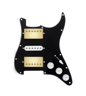 920D Custom HSH Loaded Pickguard for Stratocaster With Gold Smoothie Humbuckers, White Texas Vintage Pickups, Black Pickguard, and S5W-HSH Wiring Harness