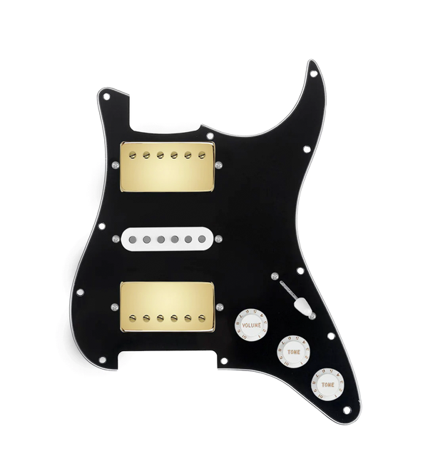 920D Custom HSH Loaded Pickguard for Stratocaster With Gold Smoothie Humbuckers, White Texas Vintage Pickups, Black Pickguard, and S5W-HSH Wiring Harness