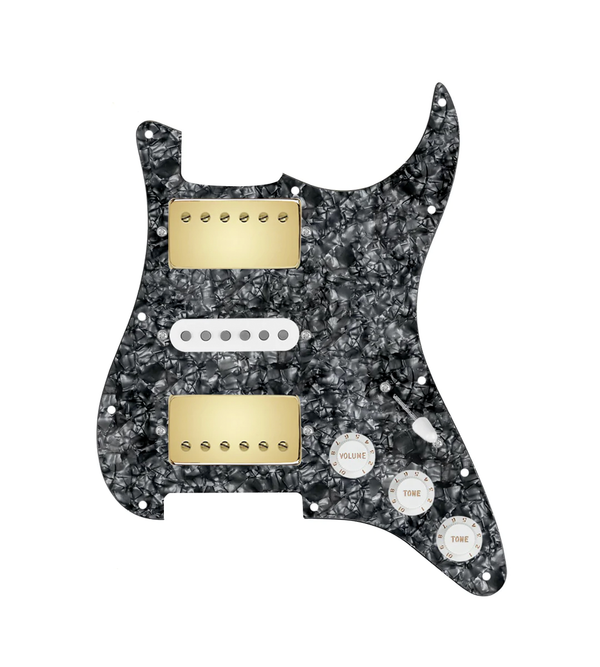 920D Custom HSH Loaded Pickguard for Stratocaster With Gold Smoothie Humbuckers, White Texas Vintage Pickups, Black Pearl Pickguard, and S5W-HSH Wiring Harness