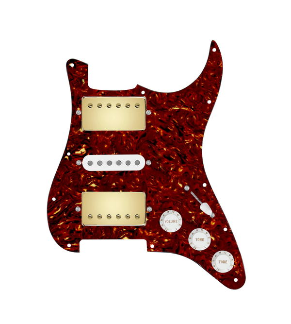 920D Custom HSH Loaded Pickguard for Stratocaster With Gold Smoothie Humbuckers, White Texas Vintage Pickups, Tortoise Pickguard, and S5W-HSH Wiring Harness