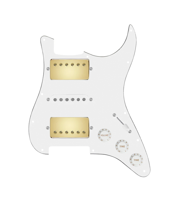 920D Custom HSH Loaded Pickguard for Stratocaster With Gold Smoothie Humbuckers, White Texas Vintage Pickups, White Pickguard, and S5W-HSH Wiring Harness