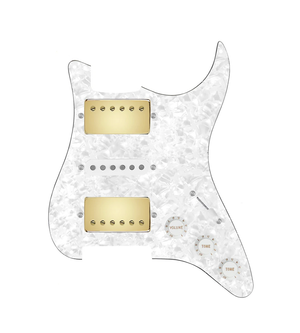 920D Custom HSH Loaded Pickguard for Stratocaster With Gold Smoothie Humbuckers, White Texas Vintage Pickups, White Pearl Pickguard, and S5W-HSH Wiring Harness