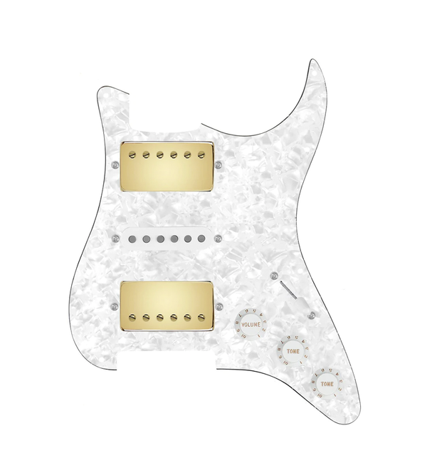 920D Custom HSH Loaded Pickguard for Stratocaster With Gold Smoothie Humbuckers, White Texas Vintage Pickups, White Pearl Pickguard, and S5W-HSH Wiring Harness