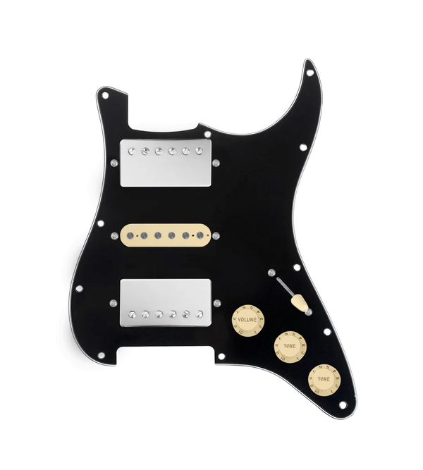 920D Custom HSH Loaded Pickguard for Stratocaster With Nickel Smoothie Humbuckers, Aged White Texas Vintage Pickups, Black Pickguard, and S5W-HSH Wiring Harness