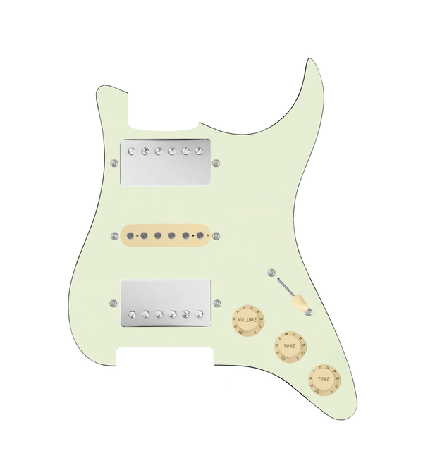 920D Custom HSH Loaded Pickguard for Stratocaster With Nickel Smoothie Humbuckers, Aged White Texas Vintage Pickups, Mint Green Pickguard, and S5W-HSH Wiring Harness