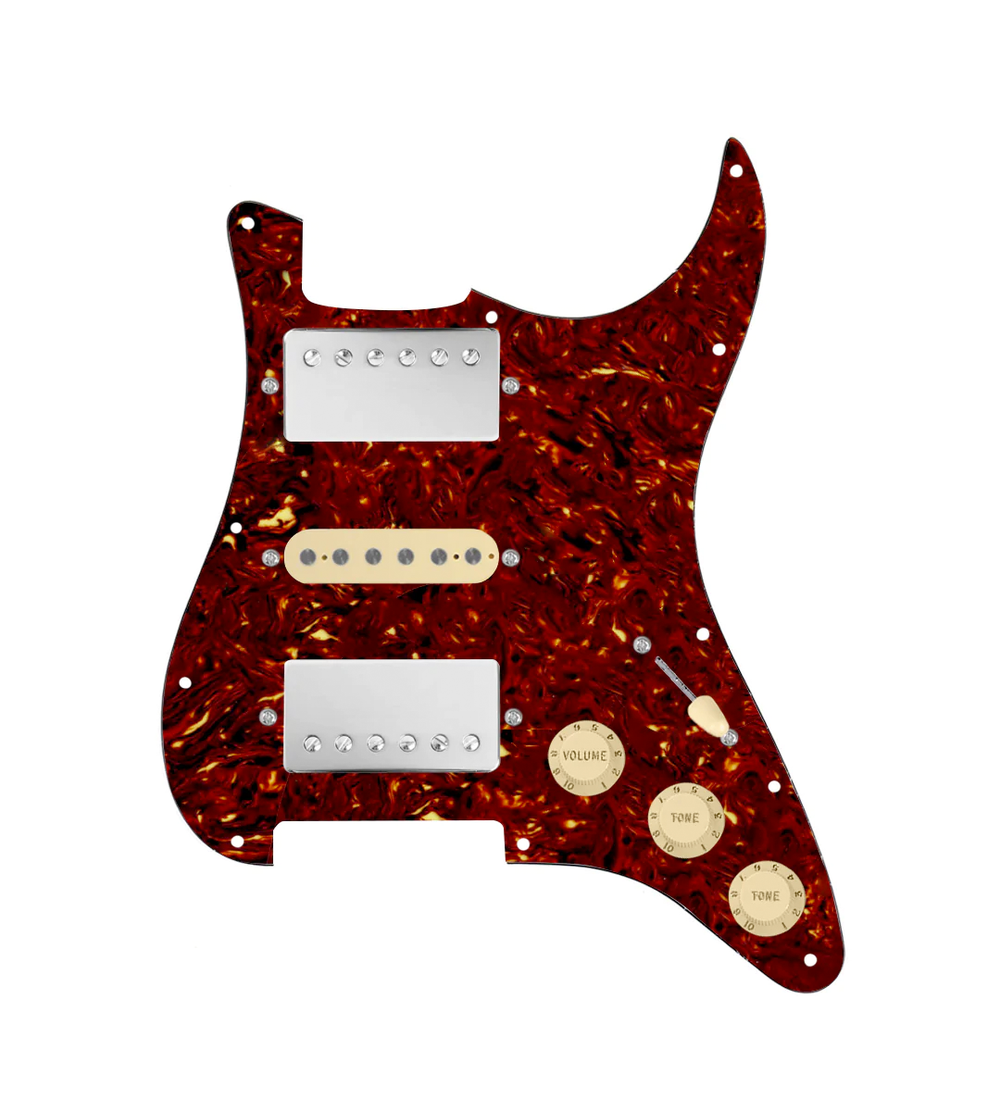 920D Custom HSH Loaded Pickguard for Stratocaster With Nickel Smoothie Humbuckers, Aged White Texas Vintage Pickups, Tortoise Pickguard, and S5W-HSH Wiring Harness