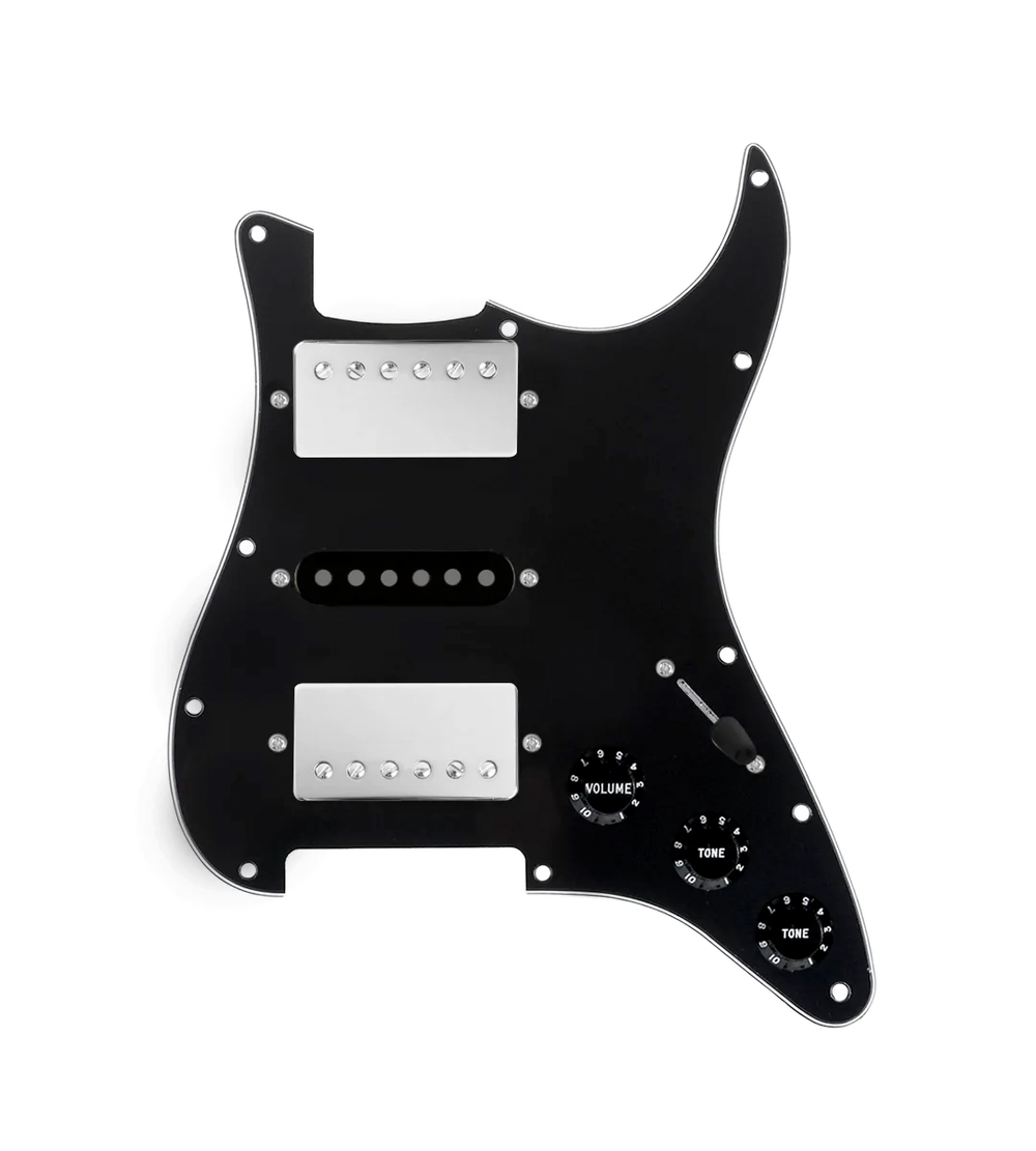 920D Custom HSH Loaded Pickguard for Stratocaster With Nickel Smoothie Humbuckers, Black Texas Vintage Pickups, Black Pickguard, and S5W-HSH Wiring Harness