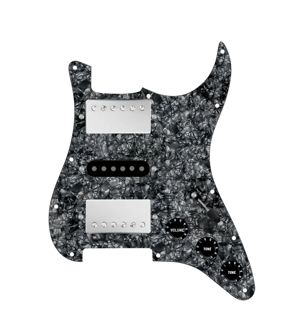 920D Custom HSH Loaded Pickguard for Stratocaster With Nickel Smoothie Humbuckers, Black Texas Vintage Pickups, Black Pearl Pickguard, and S5W-HSH Wiring Harness