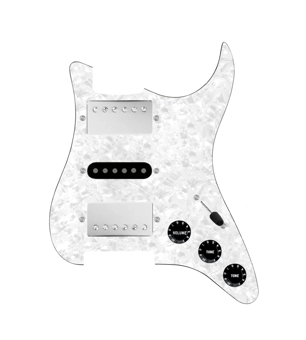 920D Custom HSH Loaded Pickguard for Stratocaster With Nickel Smoothie Humbuckers, Black Texas Vintage Pickups, White Pearl Pickguard, and S5W-HSH Wiring Harness