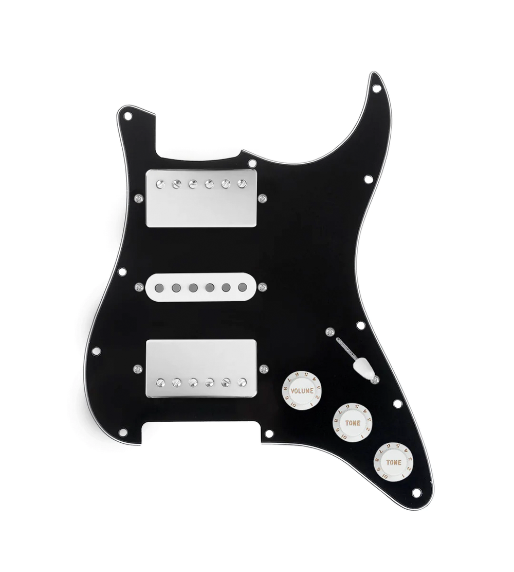 920D Custom HSH Loaded Pickguard for Stratocaster With Nickel Smoothie Humbuckers, White Texas Vintage Pickups, Black Pickguard, and S5W-HSH Wiring Harness