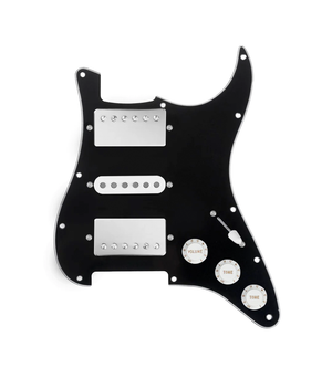 920D Custom HSH Loaded Pickguard for Stratocaster With Nickel Smoothie Humbuckers, White Texas Vintage Pickups, Black Pickguard, and S5W-HSH Wiring Harness