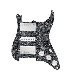 920D Custom HSH Loaded Pickguard for Stratocaster With Nickel Smoothie Humbuckers, White Texas Vintage Pickups, Black Pearl Pickguard, and S5W-HSH Wiring Harness