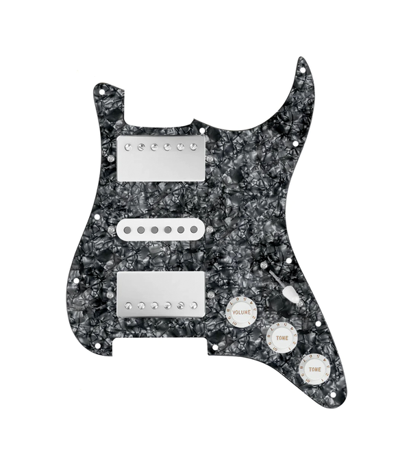 920D Custom HSH Loaded Pickguard for Stratocaster With Nickel Smoothie Humbuckers, White Texas Vintage Pickups, Black Pearl Pickguard, and S5W-HSH Wiring Harness
