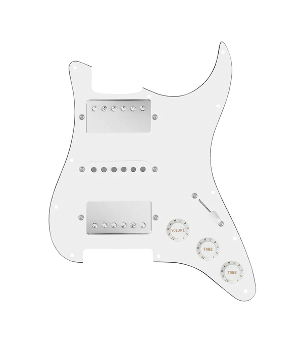 920D Custom HSH Loaded Pickguard for Stratocaster With Nickel Smoothie Humbuckers, White Texas Vintage Pickups, White Pickguard, and S5W-HSH Wiring Harness