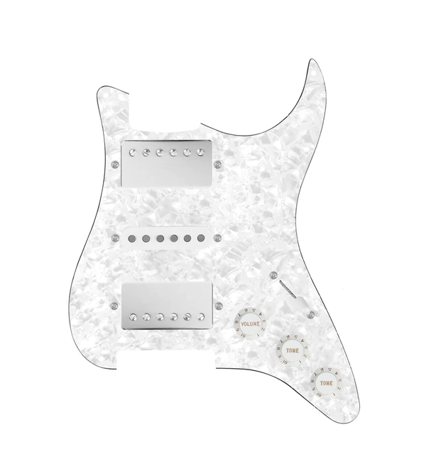 920D Custom HSH Loaded Pickguard for Stratocaster With Nickel Smoothie Humbuckers, White Texas Vintage Pickups, White Pearl Pickguard, and S5W-HSH Wiring Harness