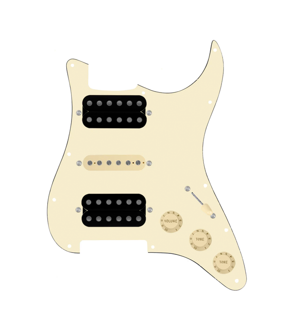920D Custom HSH Loaded Pickguard for Stratocaster With Uncovered Smoothie Humbuckers, Aged White Texas Vintage Pickups, Aged White Pickguard, and S5W-HSH Wiring Harness