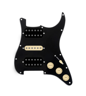 920D Custom HSH Loaded Pickguard for Stratocaster With Uncovered Smoothie Humbuckers, Aged White Texas Vintage Pickups, Black Pickguard, and S5W-HSH Wiring Harness
